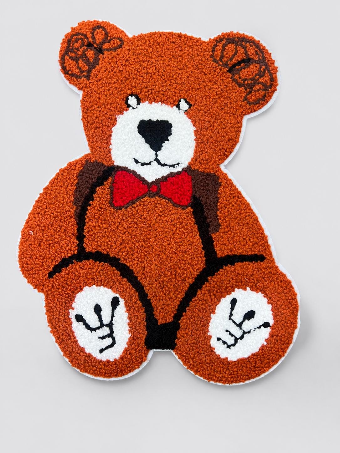 Large Chenille Teddy Bear Patch – Red Bow Tie Appliqué for Crafts (11" x 8.5")