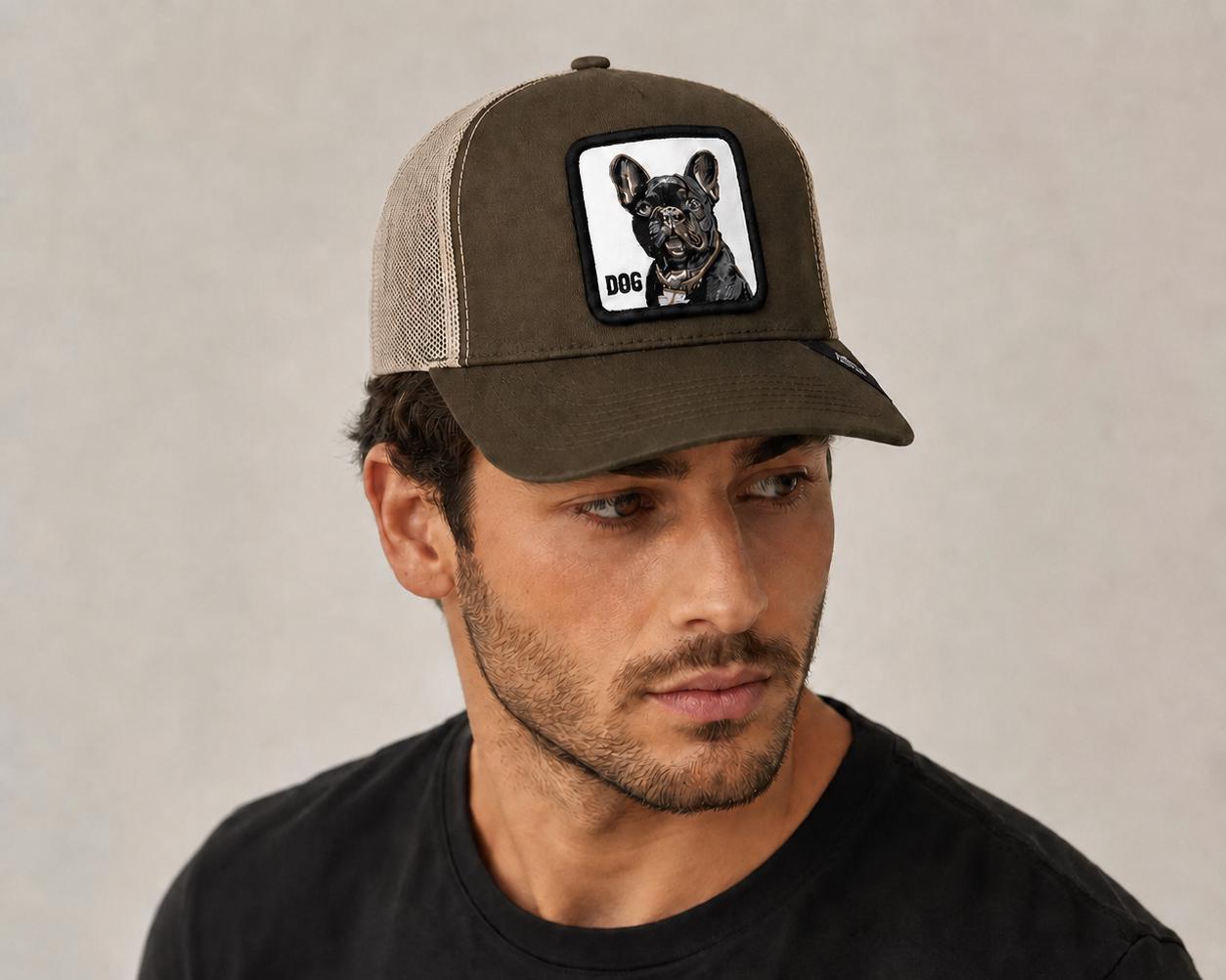 French Bulldog Trucker Hat | Olive & Khaki Mesh Snapback Cap | Embroidered Dog Patch Baseball Hat | Adjustable Unisex Outdoor Cap