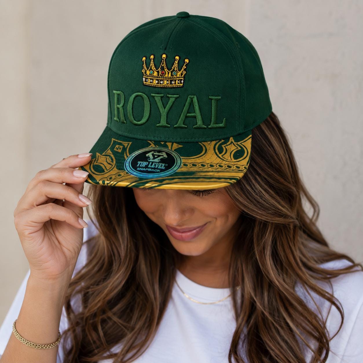 Dark Green Royal Crown Snapback Hat – Gold Pattern Visor, Embroidered Luxury Cap