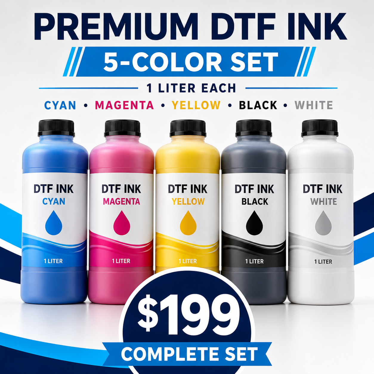 Premium DTF Ink 5-Color Set – CMYK + White | 1 Liter Each
