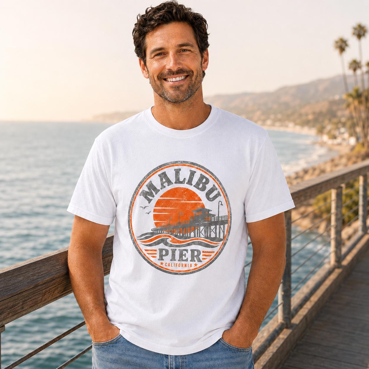 Malibu Pier California T-Shirt, Vintage Beach Graphic Tee, Retro Coastal Unisex Black