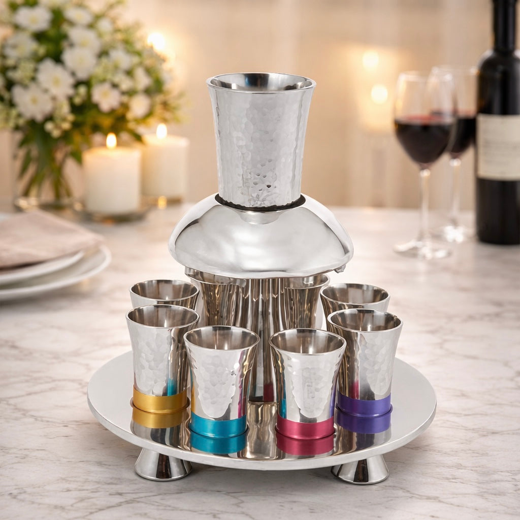 Hammered Stainless Steel Wine Fountain – 8 Cup Kiddush Cascade Set, Elegant Silver Finish