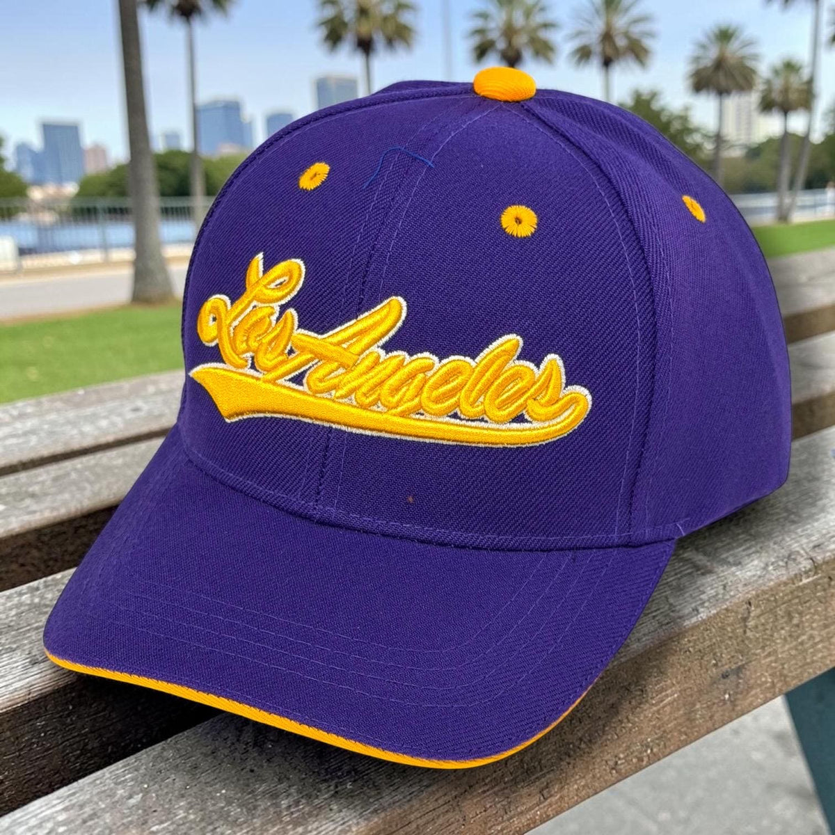 Kids Los Angeles Embroidered Snapback Cap | Youth Baseball Hat, Purple Yellow