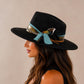 Black Suede Fedora Hat, Teal Ribbon, Feather, Chain Band, Boho Western Style