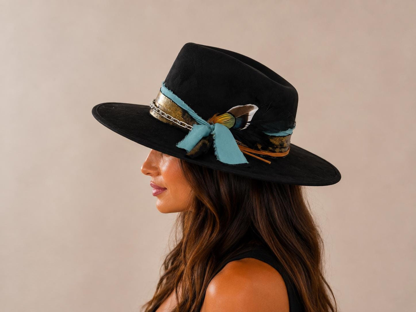 Black Suede Fedora Hat, Teal Ribbon, Feather, Chain Band, Boho Western Style