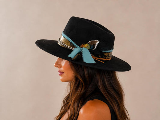 Black Suede Fedora Hat, Teal Ribbon, Feather, Chain Band, Boho Western Style