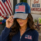 USA Rhinestone Denim Baseball Cap for Women – Patriotic American Flag Bling Hat, 4th of July Sparkle Cap
