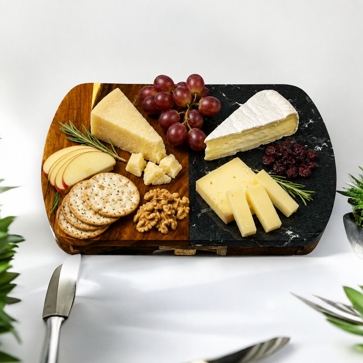 Black Marble and Wood Cheese Cutting Board with Stainless Steel Cutting Tools