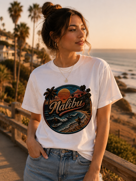 Malibu Beach T-Shirt | Retro California Surf Tee | Coastal Sunset Graphic Shirt