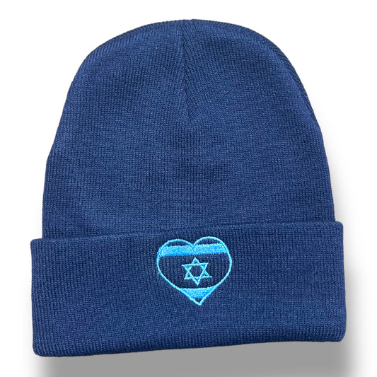 Israel flag heart shape embroidered navy blue winter beanie