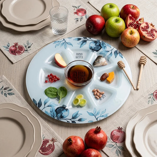 Elegant Glass Rosh Hashana Plate 35 cm Blue