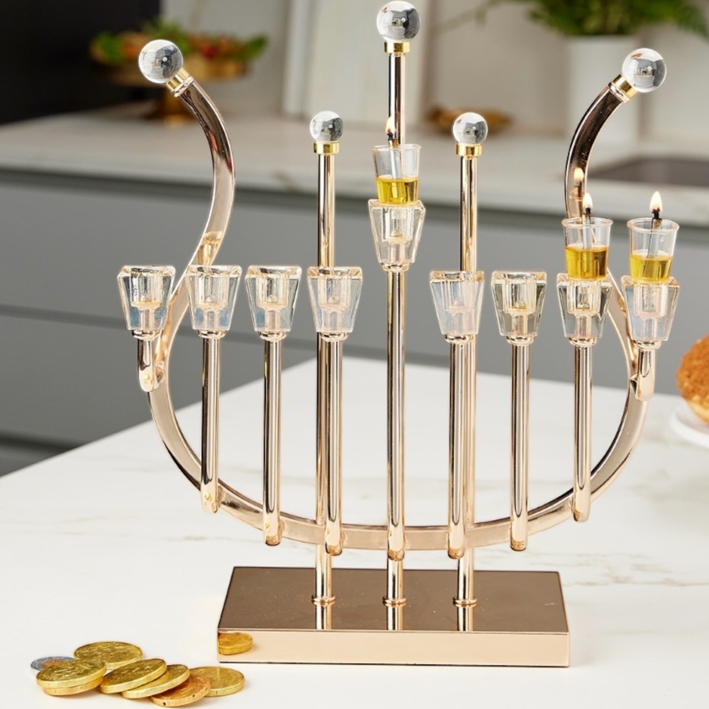 Metal "Harp" Menorah 36 cm with Golden Crystal Cups-Rose gold Finish