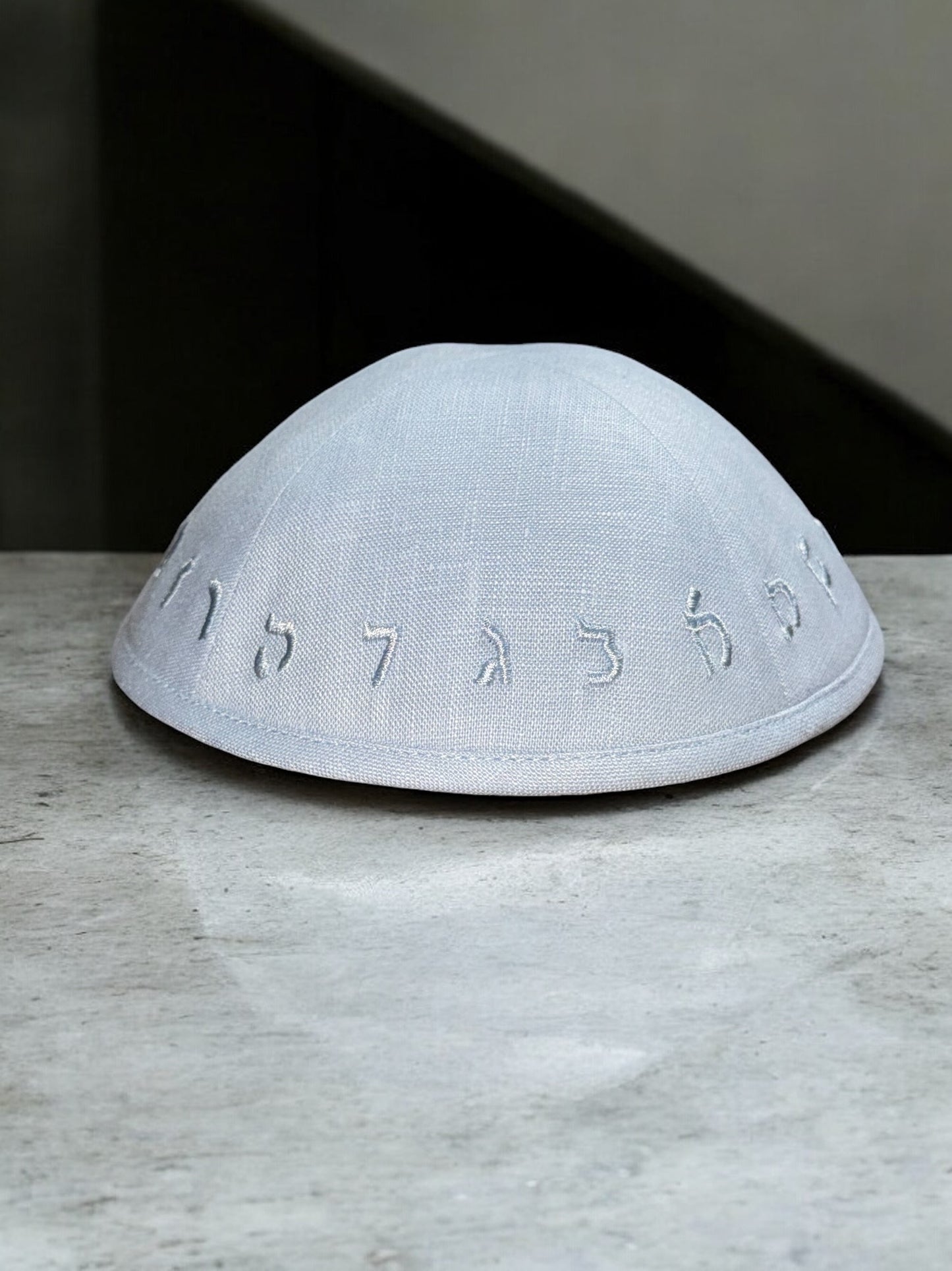 Linen Kippah with Embroidered Hebrew Rashi Alphabet and Hair Clip