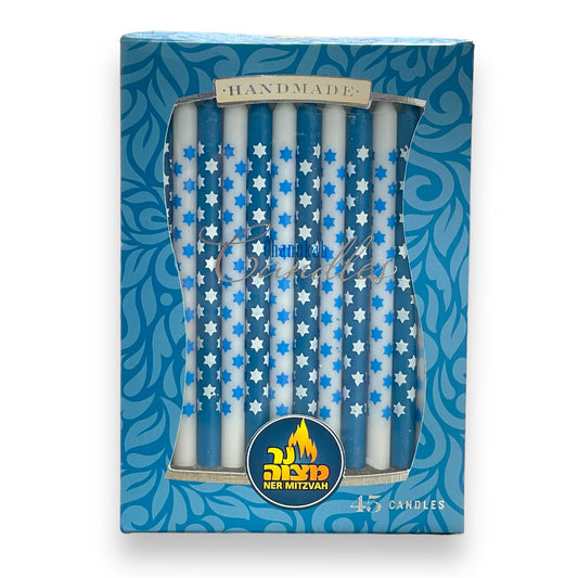 White and blue with stars Hanukkah Candles - 45 Pack 6"