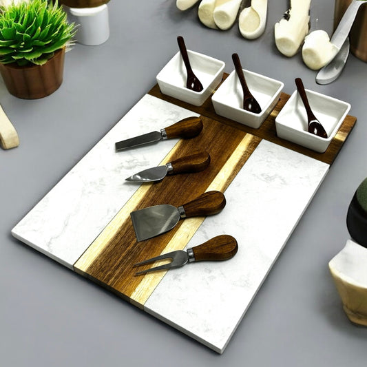 White Marble and Wood Cheese Cutting Board with Stainless Steel Cutting Tools, Ceramic Bowls, and Wooden Spoons