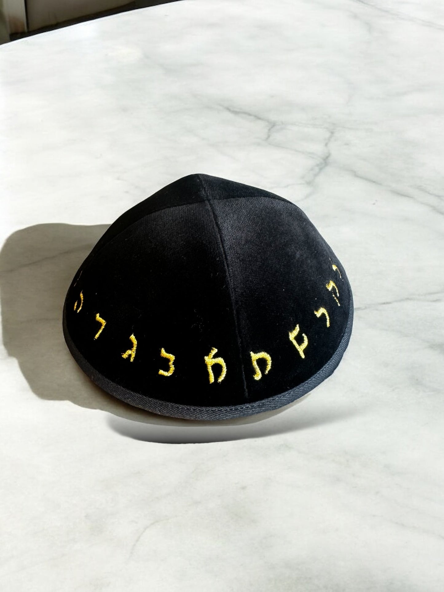 Velvet Kippah with Embroidered Hebrew Rashi Alphabet and Hair Clip