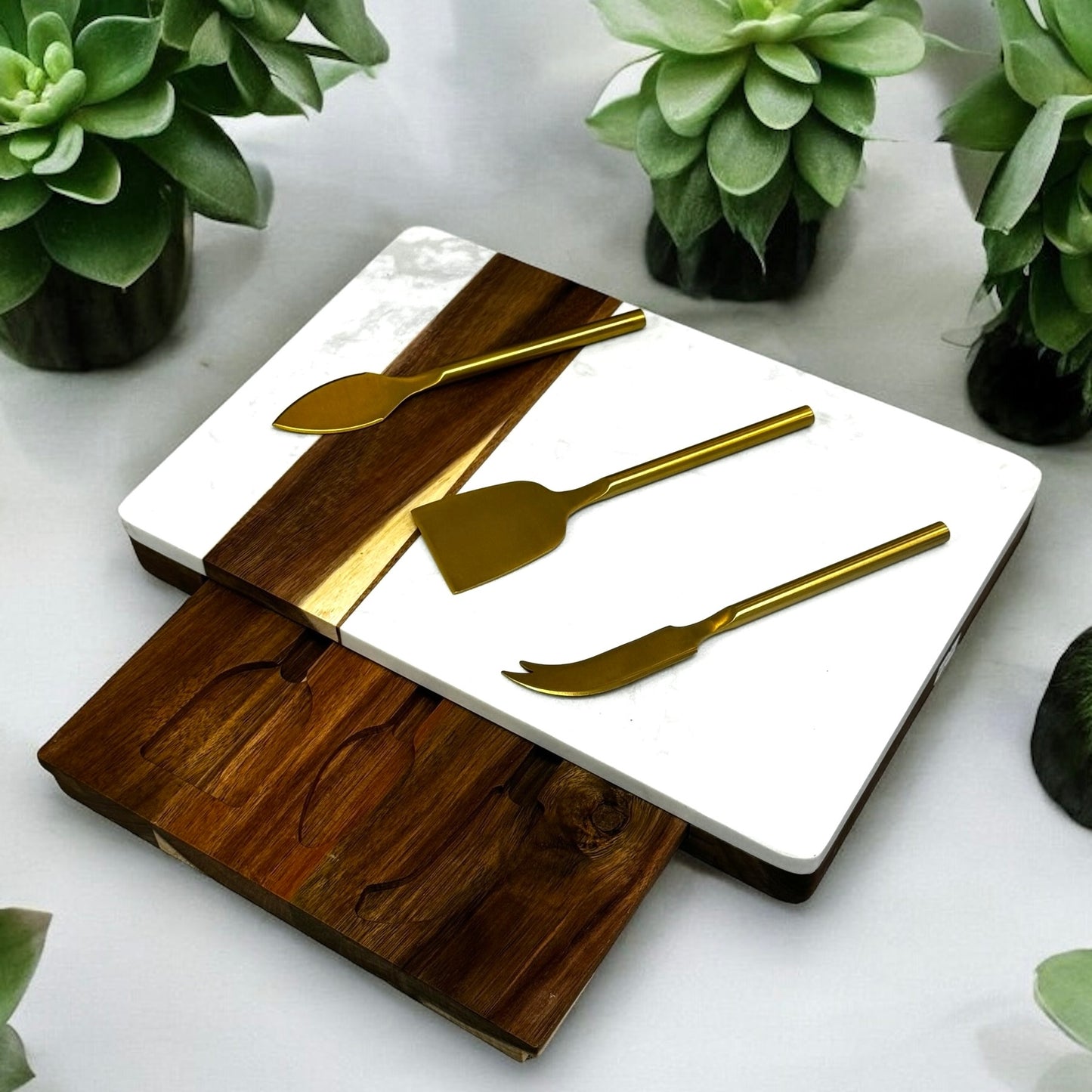 Marble and Wood Cheese Cutting Board with Stainless Steel Golden Cutting Tools