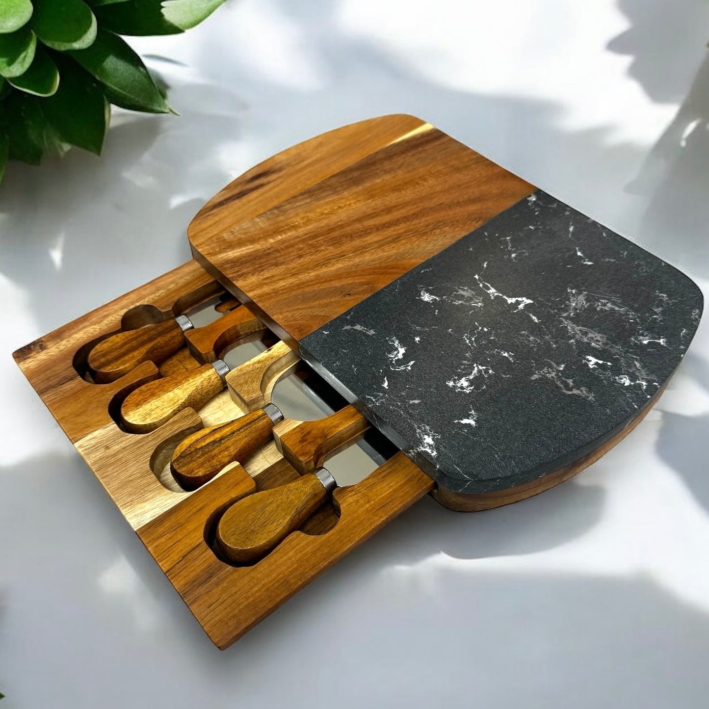 Black Marble and Wood Cheese Cutting Board with Stainless Steel Cutting Tools