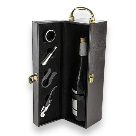 Leather Like Wooden Case for Wine Bottle inc. Accessories Set 11x35 cm