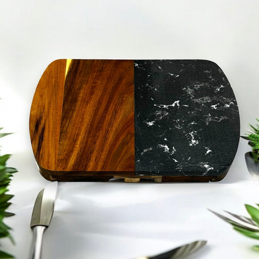 Black Marble and Wood Cheese Cutting Board with Stainless Steel Cutting Tools