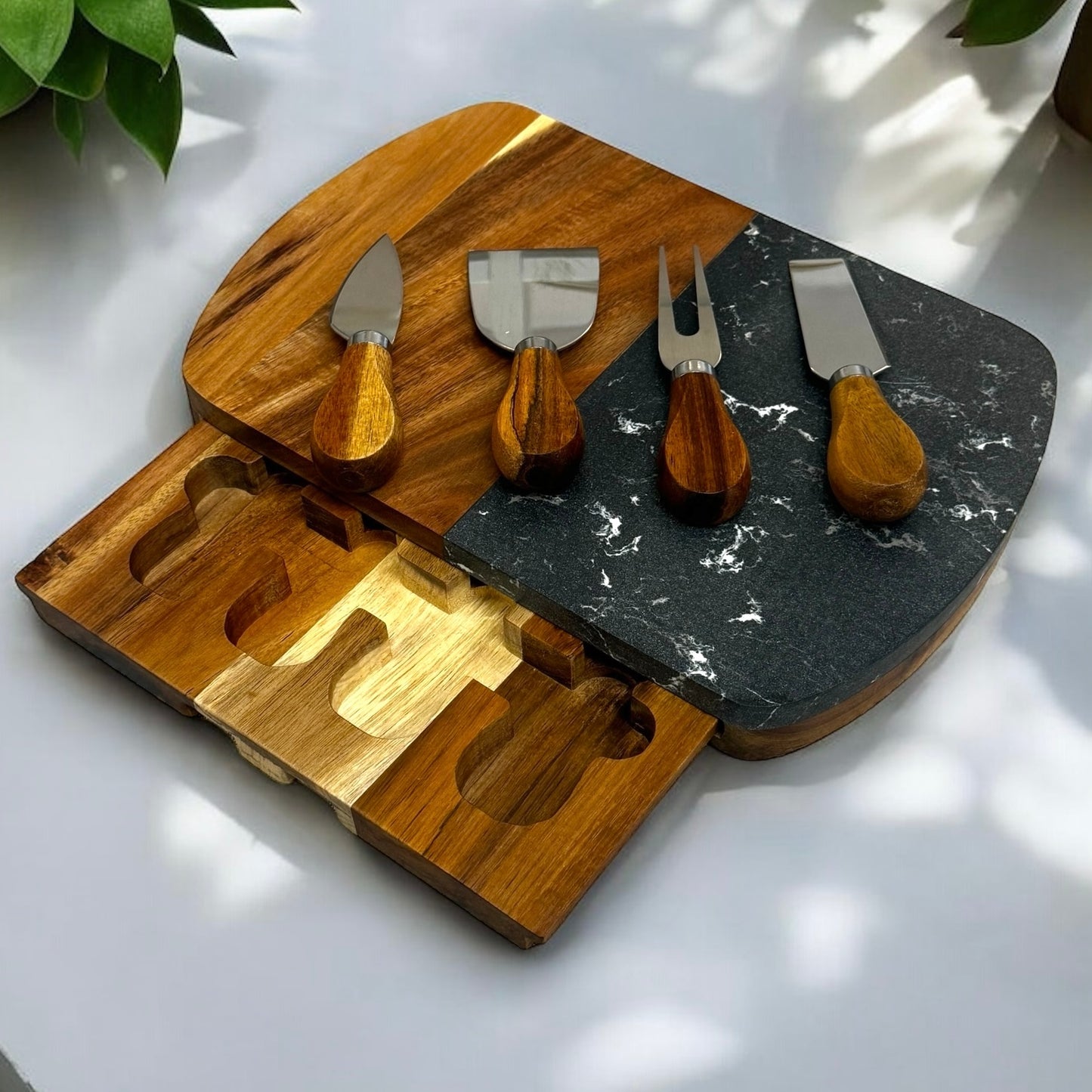 Black Marble and Wood Cheese Cutting Board with Stainless Steel Cutting Tools