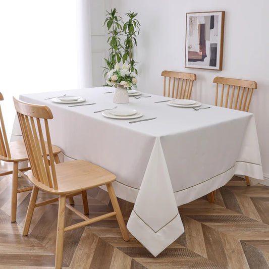 Poly tablecloth (Linen Look) - White with Light Gold Trim Embroidery