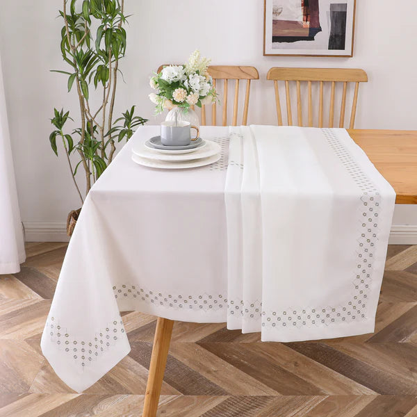 Poly Tablecloth (Linen Look) - White mbroidered Circles and Diamonds Underlay