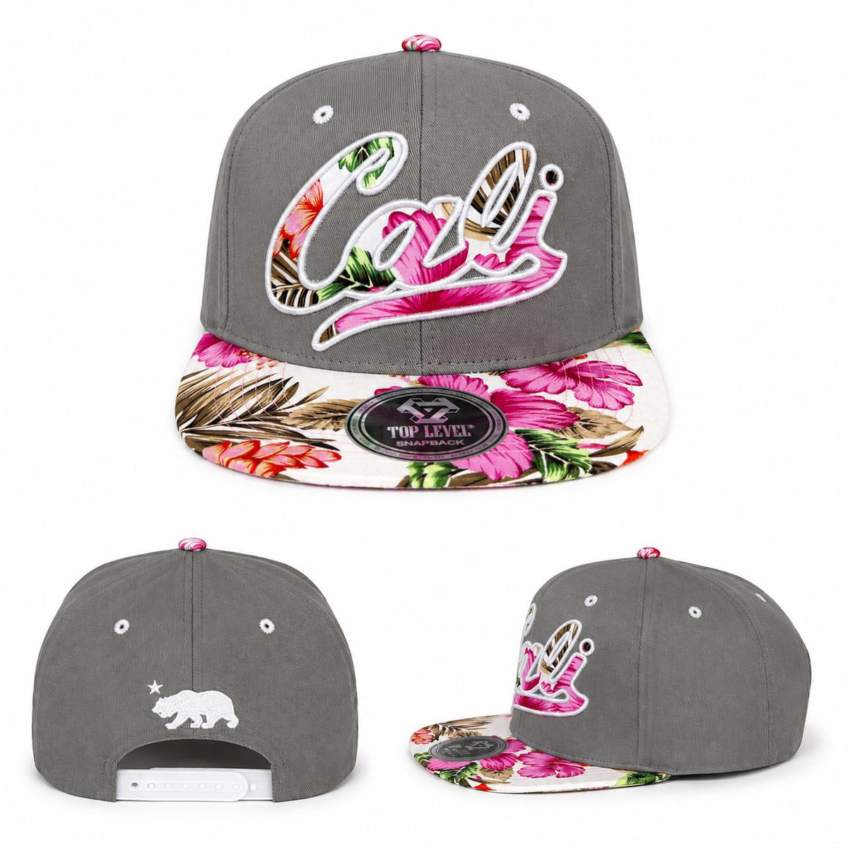 California Floral Snapback Hat | Embroidered Cali Script, Bear Logo, Tropical Brim
