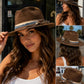Brown Suede Wide Brim Fedora – Western Boho Hat with Feather, Denim, Chain