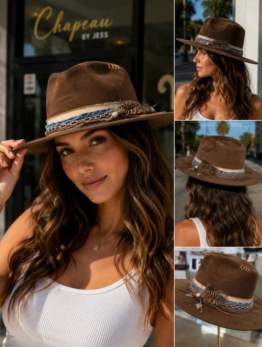 Brown Suede Wide Brim Fedora – Western Boho Hat with Feather, Denim, Chain