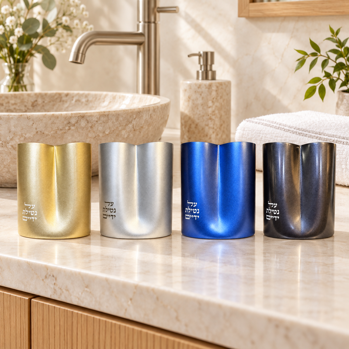 Aluminum Netilat Yadayim wash cups in four colors beside a modern sink