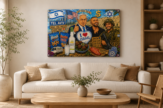 Am Yisrael Chai Israel pop culture acrylic wall art staged above a cream sofa