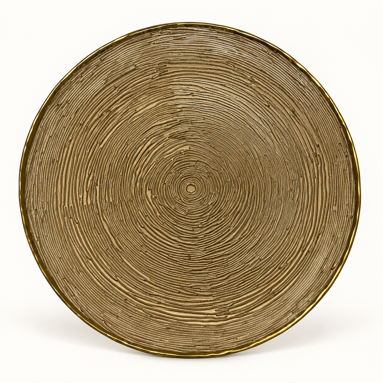Amber glass serving plate with tree-ring texture and gold rim on a white background