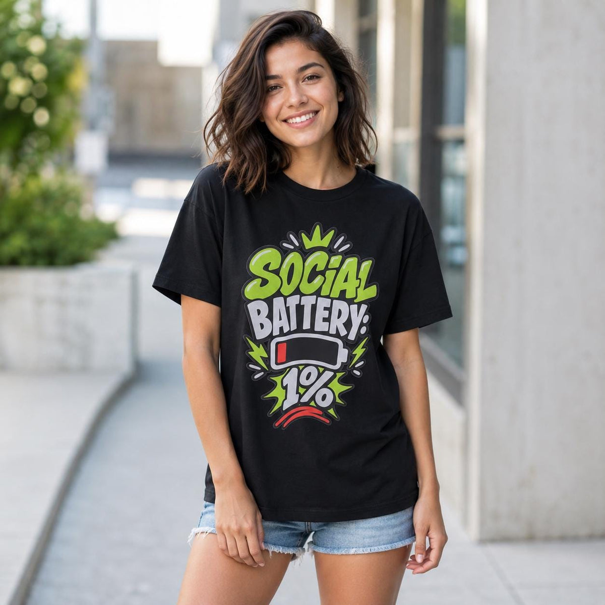 Social Battery 1% T-Shirt, Funny Introvert Graphic Tee, Low Battery Unisex Shirt