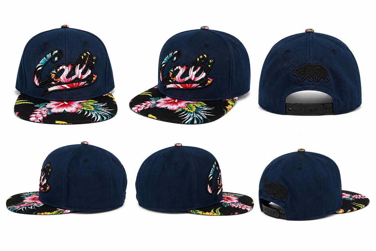 California Floral Snapback Hat | Embroidered Cali Script, Bear Logo, Tropical Brim