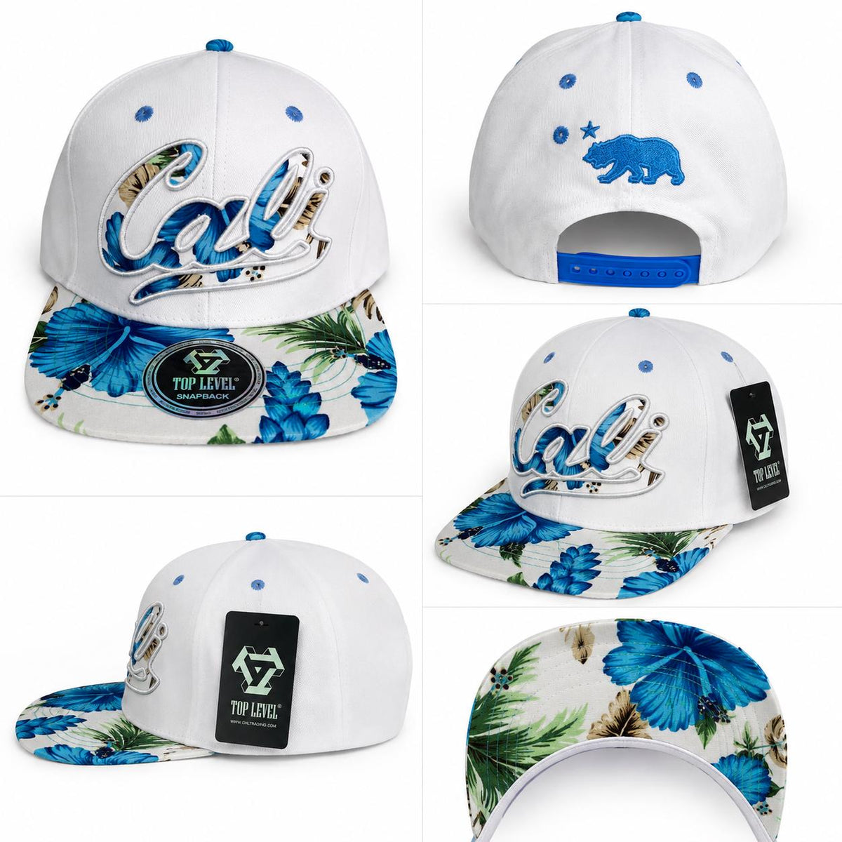 California Floral Snapback Hat | Embroidered Cali Script, Bear Logo, Tropical Brim