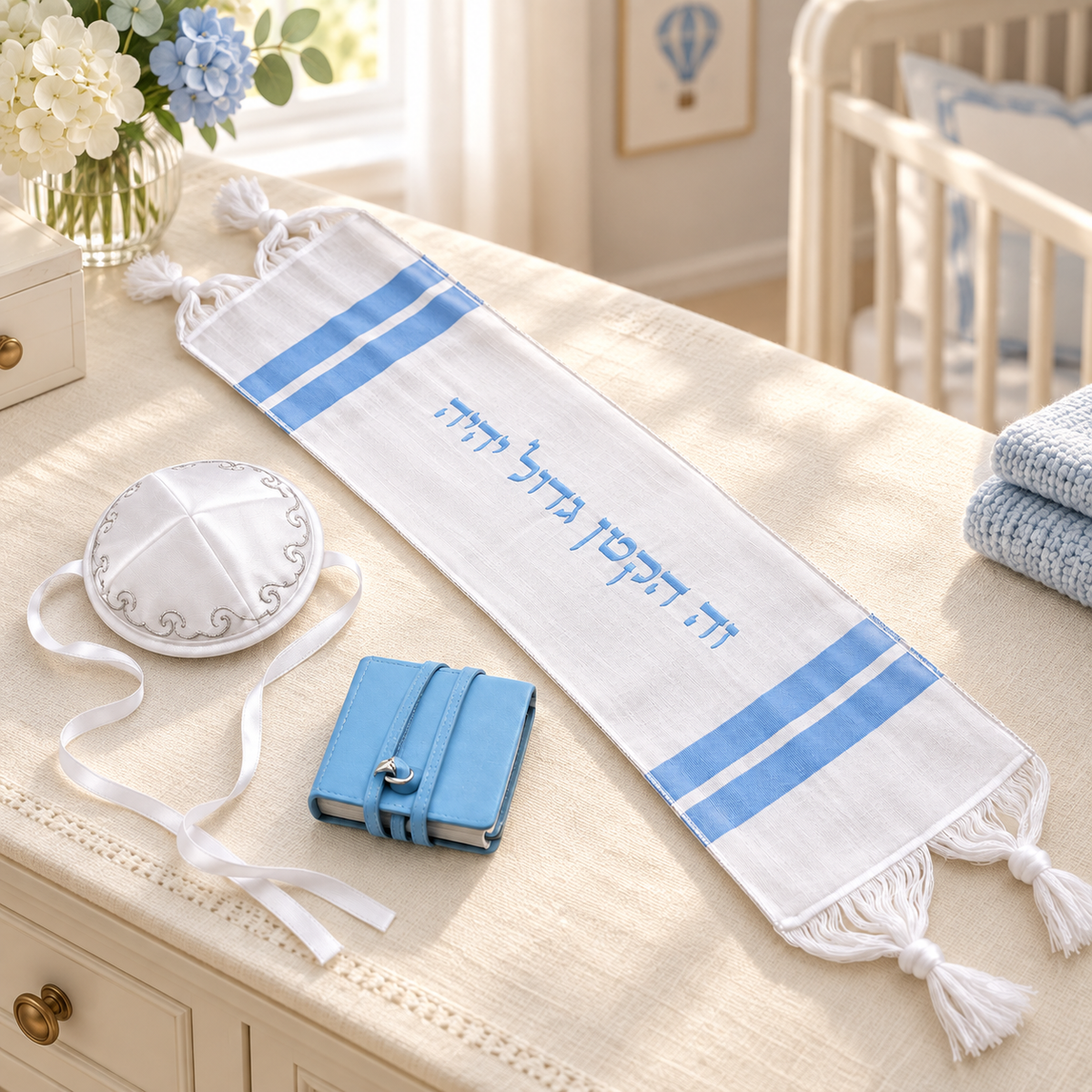 White and blue baby Brit Milah set arranged in an elegant nursery