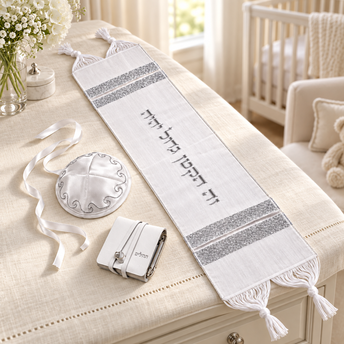 White and silver baby Brit Milah set arranged in an elegant nursery