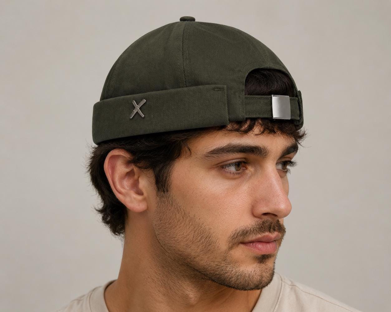 Olive Green Cotton Twill Docker Hat | Adjustable Sailor Cap with Metal Accent