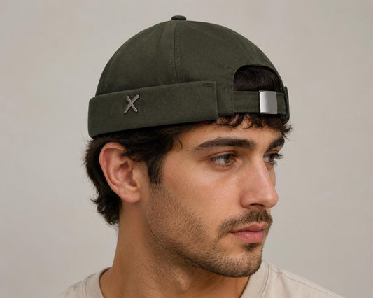 Olive Green Cotton Twill Docker Hat | Adjustable Sailor Cap with Metal Accent