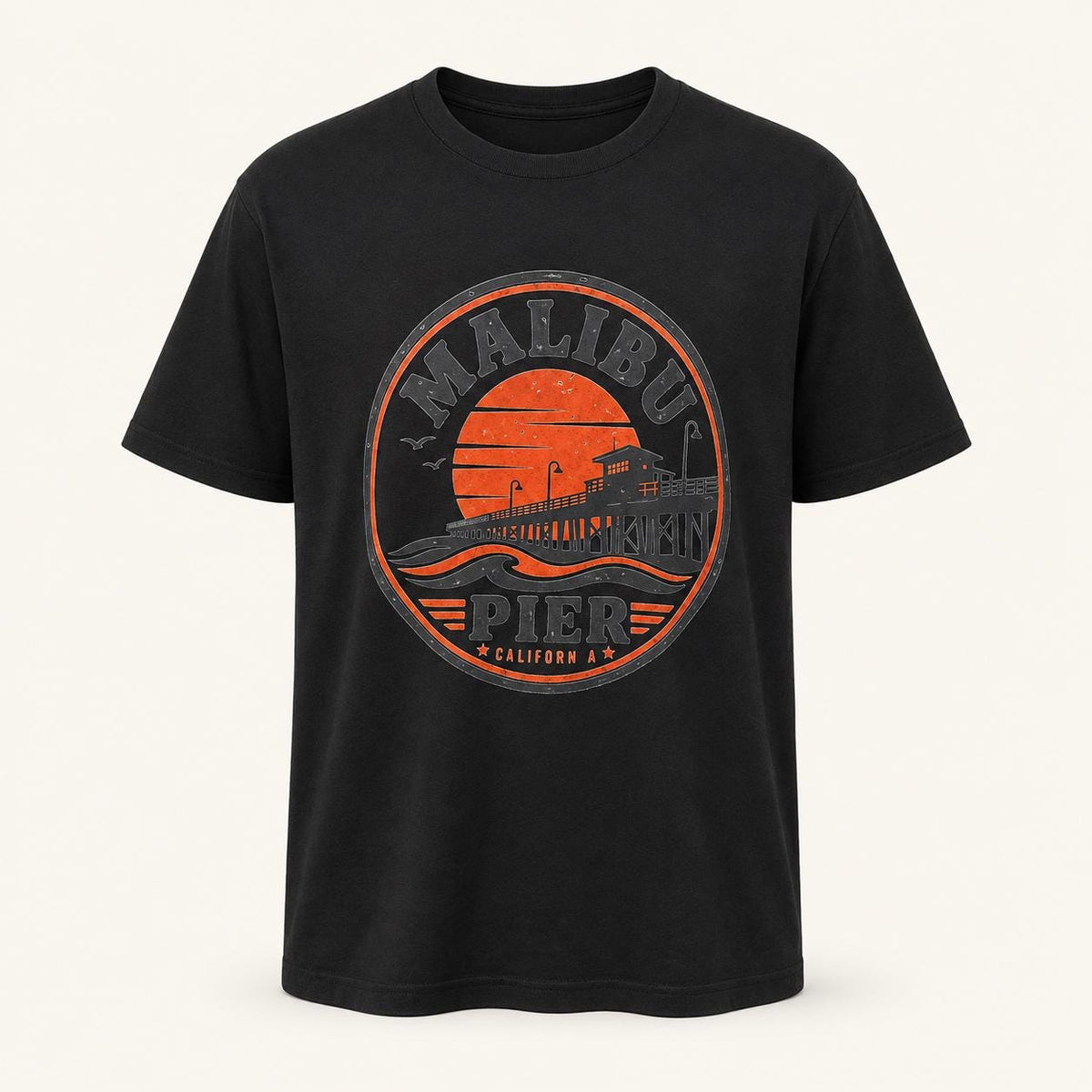 Malibu Pier California T-Shirt, Vintage Beach Graphic Tee, Retro Coastal Unisex Black