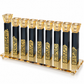 Black crystal Hanukkah menorah with gold cityscape details, amber-gold glass holders and a raised end shamash on a white background