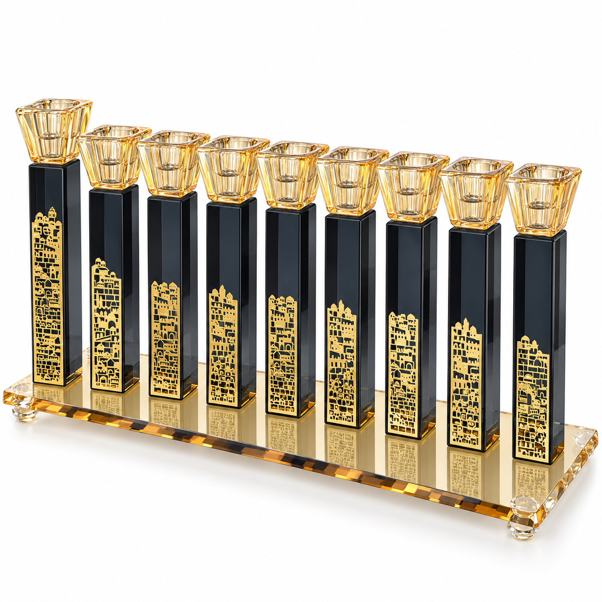 Black crystal Hanukkah menorah with gold cityscape details, amber-gold glass holders and a raised end shamash on a white background