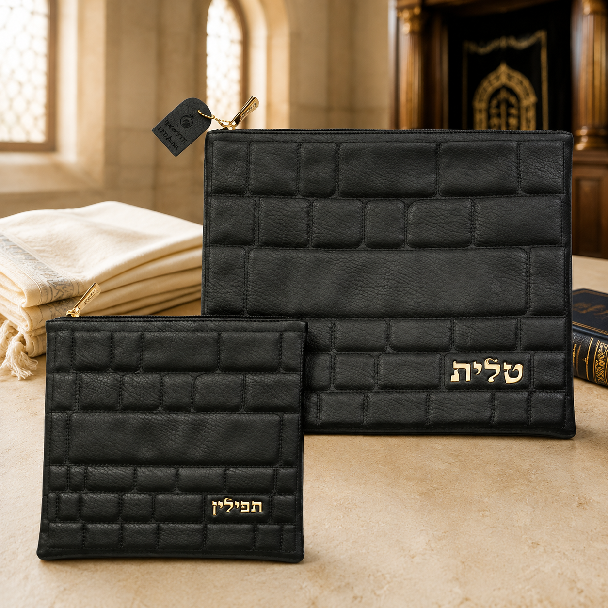 Black embossed Talit and Tefillin bag set staged in an elegant synagogue setting