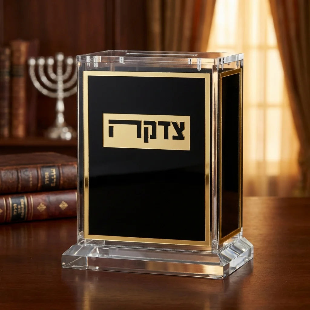 Black and gold acrylic tzedakah box with Hebrew tzedakah plaque