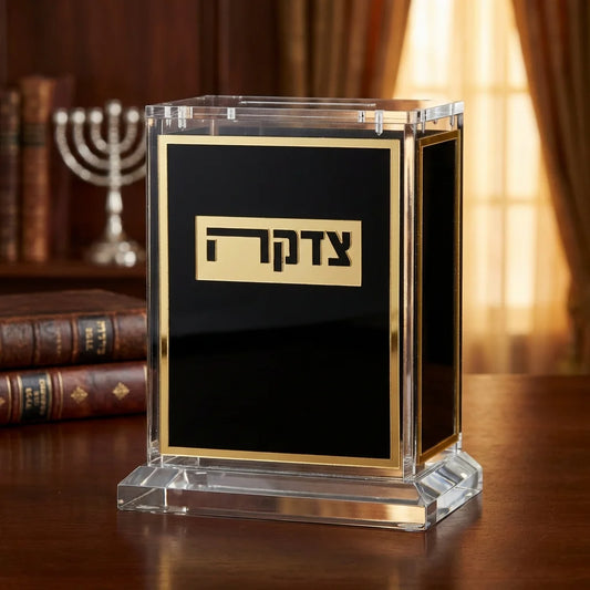 Black and gold acrylic tzedakah box with Hebrew tzedakah plaque
