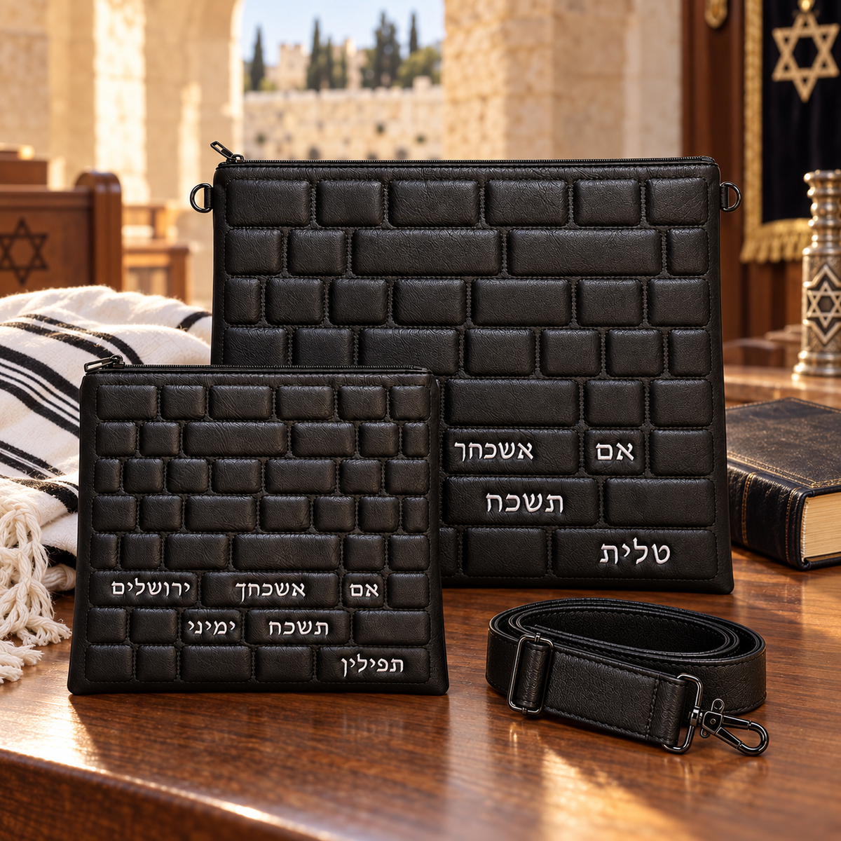 Black vinyl Western Wall tallit and tefillin bag set with strap in a Jerusalem prayer setting