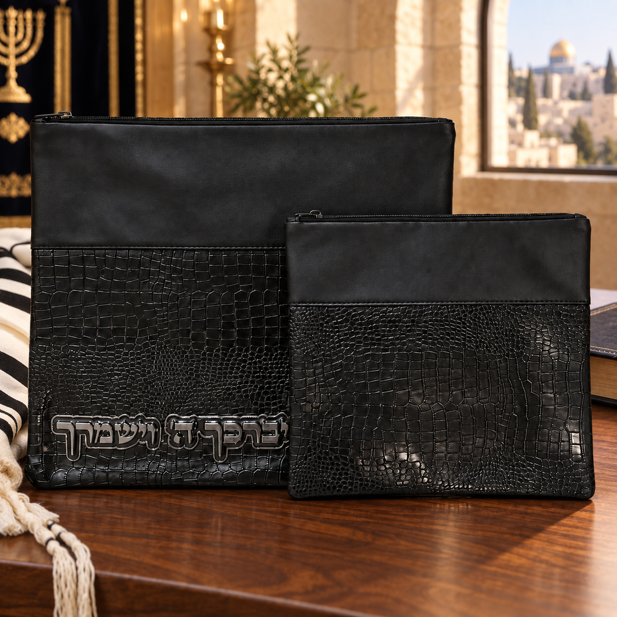 Black vinyl tallit and tefillin bag set in an elegant Jewish prayer setting