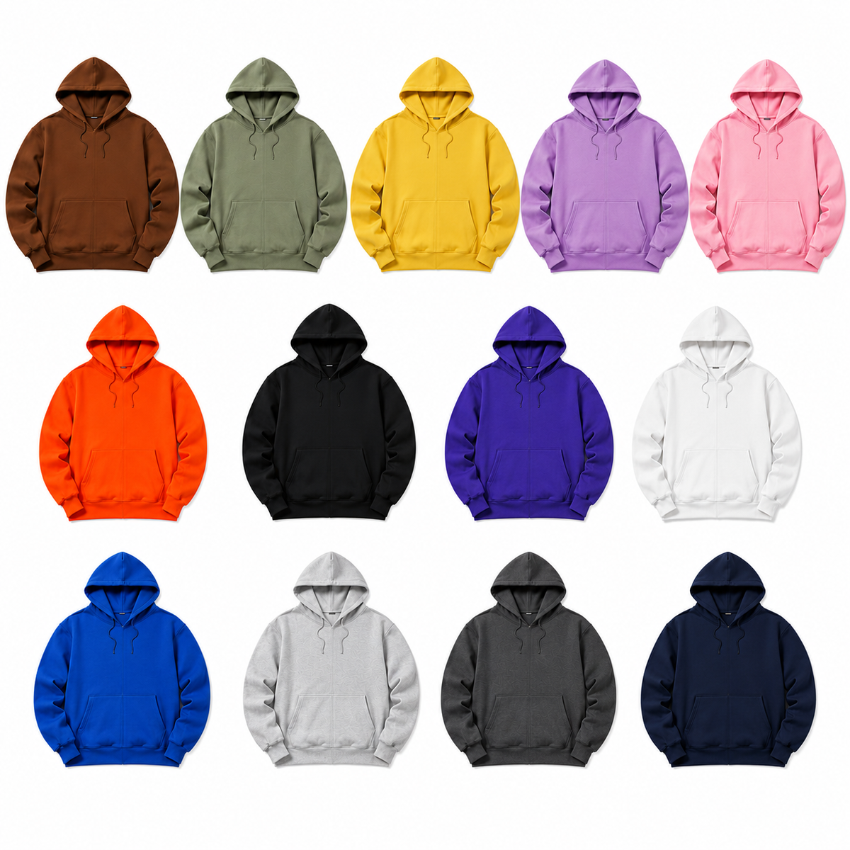 Blank pullover hoodies in thirteen colors on white background