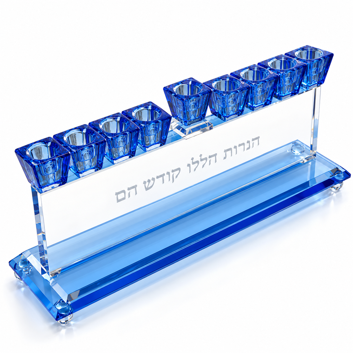 Angled overhead view of blue crystal Hanukkah menorah with raised center shamash